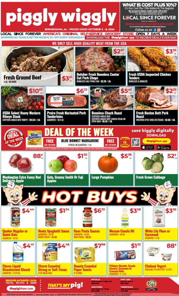 Piggly Wiggly weekly ad from October 2-8, 2024, featuring discounts on ground beef, ribeye steak, fresh produce, and essential grocery items.